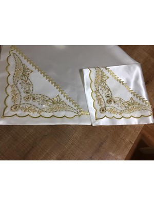 Finezza El işlemesi Cam Boncuklu Saten Kumaş Beyaz/Gold Gelin Bohçası 90*90 cm Kare  - 515