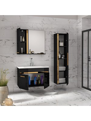 Alfa Banyo Yeni Gold Siyah (80+35) 115 cm Boy Dolaplı lavabolu banyo dolabı-Banyo Takımı