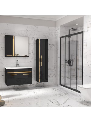 Alfa Banyo Yeni Gold Siyah (80+35) 115 cm Boy Dolaplı lavabolu banyo dolabı-Banyo Takımı