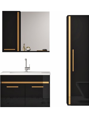 Alfa Banyo Yeni Gold Siyah (80+35) 115 cm Boy Dolaplı lavabolu banyo dolabı-Banyo Takımı