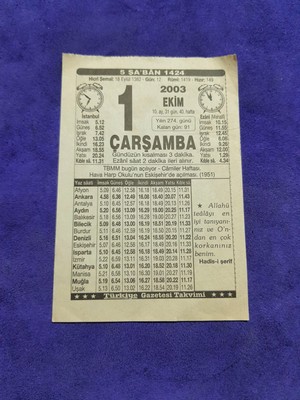 Hasyılmaz 1 Ekim 2003 Takvim Yaprağı - Nostaljik Koleksiyonluk Takvim Yaprağı