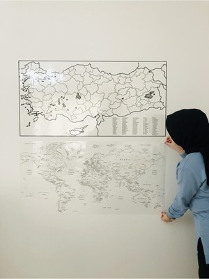 Türkiye ve Dünya Haritası Yazı Tahtası Akıllı Kağıt Tahta Statik Tutunabilir Kağıt + Kalem