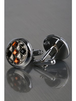 Kravatkolik Gümüş Renk Siyah - Turuncu Taşlı Kol Düğmesi KD1215