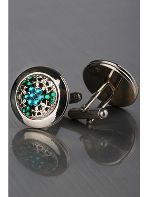 Kravatkolik Gümüş Renk Yeşil Taşlı Kol Düğmesi KD1244