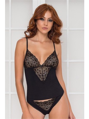 Pierre Cardin Kadın Dantelli Penye Atlet Külot / Kaşkorse Set - 345 Siyah