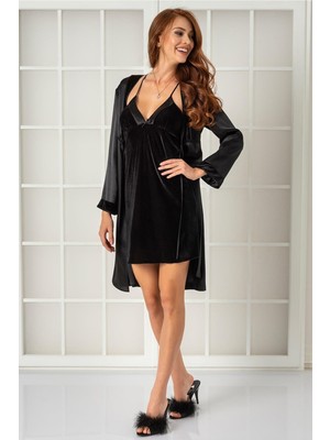 Pierre Cardin Kadın Kadife Saten Gecelik & Sabahlık Takım - 4040 Siyah