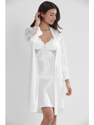 Pierre Cardin Kadın Saten Dantelli Gecelik & Sabahlık Takım - 4025 Ekru