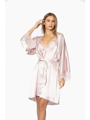Pierre Cardin Kadın Saten Dantelli Gecelik & Sabahlık Takım - 4250 Pudra