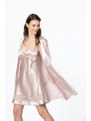 Pierre Cardin Saten Dantelli Gecelik Sabahlık Takım - 4065 Pudra