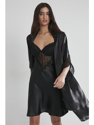 Pierre Cardin Kadın Saten Dantelli Gecelik & Sabahlık Takım - 4240 Siyah