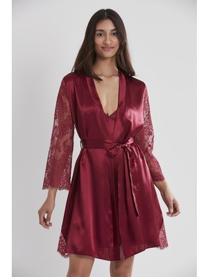 Pierre Cardin Saten Dantelli Gecelik Sabahlık Takım - 4065 Bordo