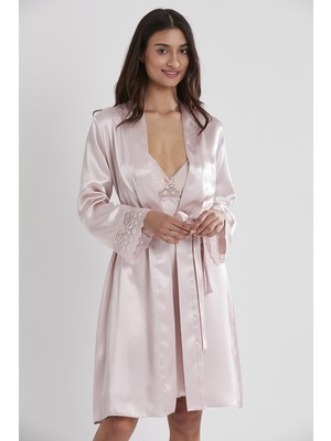 Pierre Cardin Kadın Saten Dantelli Gecelik & Sabahlık Takım - 4285 Pudra