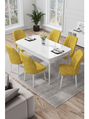 Canisa Concept Par Serisi 70 x 114 Cm, Açılabilir Mdf Mutfak Masa Takımı, Beyaz Masa ve 6 Sandalye
