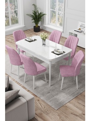 Canisa Concept Par Serisi 70 x 114 Cm, Açılabilir Mdf Mutfak Masa Takımı, Beyaz Masa ve 6 Sandalye