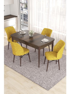 Canisa Concept Eva Serisi, 80 x 132 cm  Açılabilir Mdf Mutfak Masa Takımı, Barok Ahşap Desen Masa ve 4 Sandalye