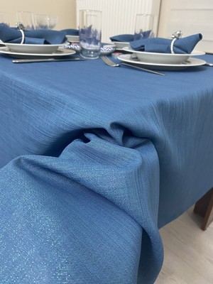 Zeren Home Simli Keten Görünümlü Begonvil Masa Örtüsü Indigo Mavi 13 Parça Set