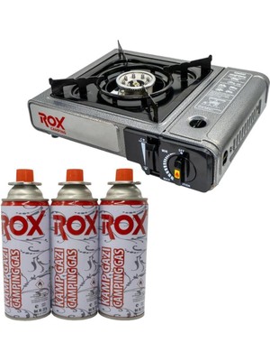 Rox Camping 0103 Tekli Portatif Kamp Ocak(Ekstra Gaz Girişli) - 3 Adet Rox Valfli Kamp Gazı Kartuş 227GR