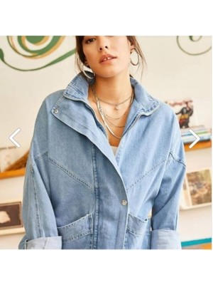 Esb Design Kadın Mavi Cepli Fermuarlu Çıtçıtlı Uzun Denim Ceket