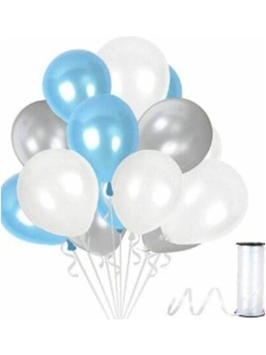 Bal10 Dünyası 50 Adet 12 Inç Metalik Balon (Mavi-Gümüş-Beyaz) + 5 mt Balon Zinciri