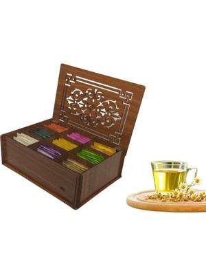 Cokleas Ahşap (Ceviz) Çay Kutusu 9 Bölmeli Kapaklı Poşet Bitki Çayı Saklama Kabı Tea Box + 45'li Çay
