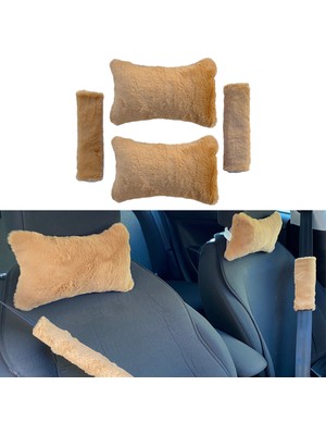 Oto Aksesuarcım Peluş Ortopedik Araba Seyahat Boyun Yastığı Emniyet Kemer Pedi Seti Kahverengi