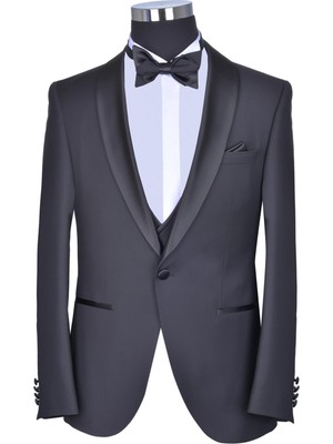 Baggi Slim Fit Düz Yelekli Smokin Siyah