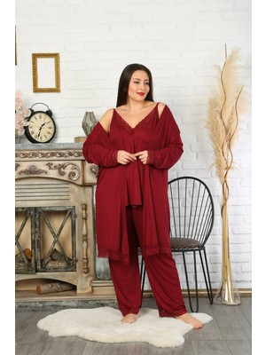 Kadın Büyük Beden Sabahlıklı Kırmızı Pijama Takımı