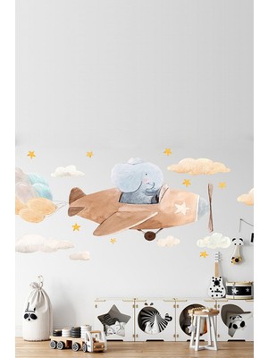 Balonlu Sevimli Pilot Fil Bulutlar ve Yıldızlar Duvar Sticker