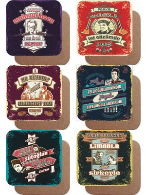 Yeşilçam Kemal Sunal Münir Özkul Şener Şen Adile Naşit Replikler 6lı Ahşap Bardak Altlığı Seti