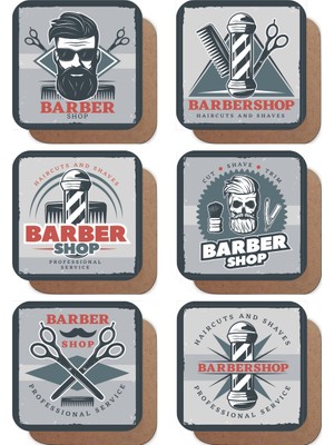 Hayat Poster Berber Shop Berber Kuaför Temalı 6lı Retro Ahşap Bardak Altlığı Seti
