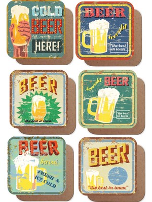 Hayat Poster Soğuk Bira Burada Retro 6lı Ahşap Bardak Altlığı Seti