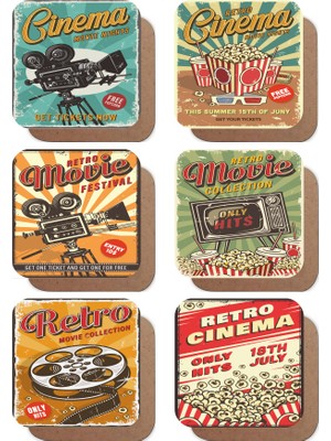 Vintage Sinema Temalı 6lı Retro Ahşap Bardak Altlığı Seti