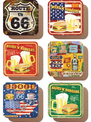 Hayat Poster Route 66 Lokanta Bira Hamburger Temalı Retro 6lı Ahşap Bardak Altlığı Seti