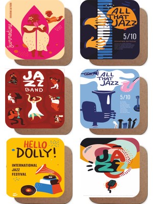 Jazz Konseri Temalı 6lı Retro Ahşap Bardak Altlığı Seti