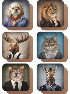 Hayat Poster Hayvan Kafaları Illustrasyonu -1 6lı Retro Ahşap Bardak Altlığı Seti