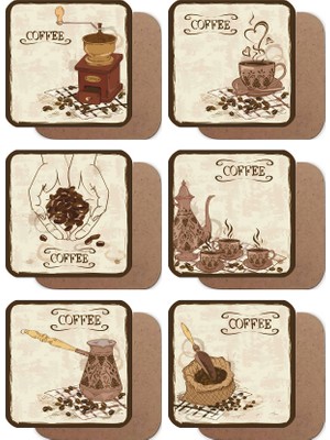 Hayat Poster Türk Kahvesi ve Kahve Çekirdeği Değirmeni 6lı Retro Ahşap Bardak Altlığı Seti