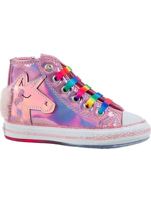 Kids A More Unicorny Bağcıklı Yüksek Bilekte Kız Çocuk Pu Deri Sneaker Pembe
