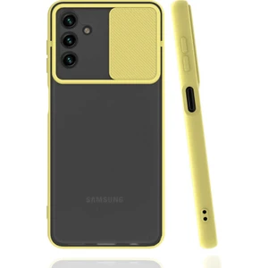 Kzy Samsung Galaxy A13 Kapak Lensi Açılır Kapanır Kamera Korumalı Silikon Kılıf - Sarı