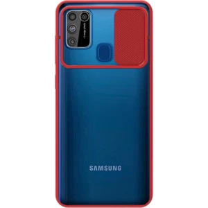 Kzy Samsung Galaxy M30S Kapak Lensi Açılır Kapanır Kamera Korumalı Silikon Kılıf - Kırmızı