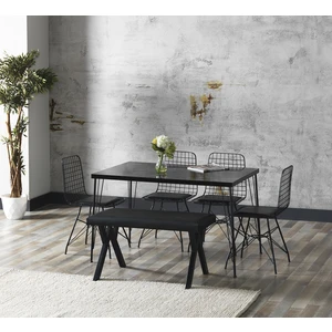 Trendy Assel Firuze Siyah Mermer Görünümlü Metal Ayaklı Mutfak Masası ve Bench Takımı