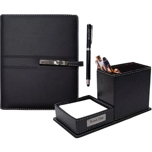 Rengi İsme Özel Organizerli Lüx 2023 Ajanda Masaüstü Kalemlik + Roller Kalem Seti Siyah