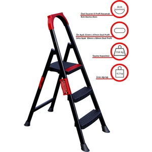 Anka Plus 2+1 Basamaklı Metal Siyah Merdiven