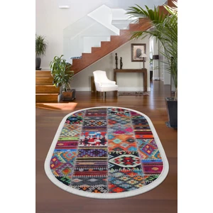 Dijidekor 9010 Patchwork Temalı Saçaklı Dijital Oval Halı Kaymaz Yıkanabilir Iskandinav Yolluk 120X500