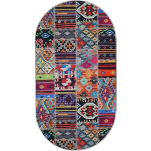 Dijidekor 9010 Patchwork Temalı Saçaksız Dijital Oval Halı Kaymaz Yıkanabilir Iskandinav Yolluk 200X200