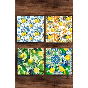 Baskılı Doğaltaş Bardak Altlığı 4'lü Set - Doğal Taş Bardak Altı Limon Desenleri