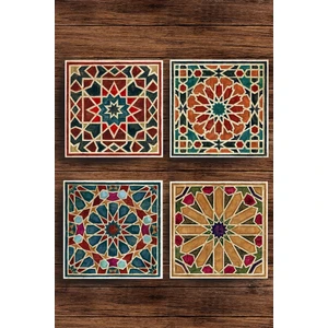 Baskılı Doğaltaş Bardak Altlığı 4'lü Set - Doğal Taş Bardak Altı Geometrik Desenler