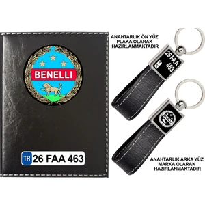 Promosyon Denizi Plakanıza Özel Benelli  Logolu Siyah Ruhsat Kabı ve Anahtarlık