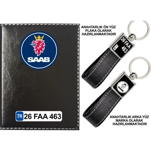 Promosyon Denizi Plakanıza Özel Saab  Logolu Siyah Ruhsat Kabı ve Anahtarlık