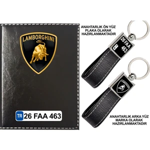 Promosyon Denizi Plakanıza Özel Lamborghını Logolu Siyah Ruhsat Kabı ve Anahtarlık