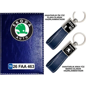 Promosyon Denizi Plakanıza Özel Skoda Logolu Lacivert Ruhsat Kabı ve Anahtarlık